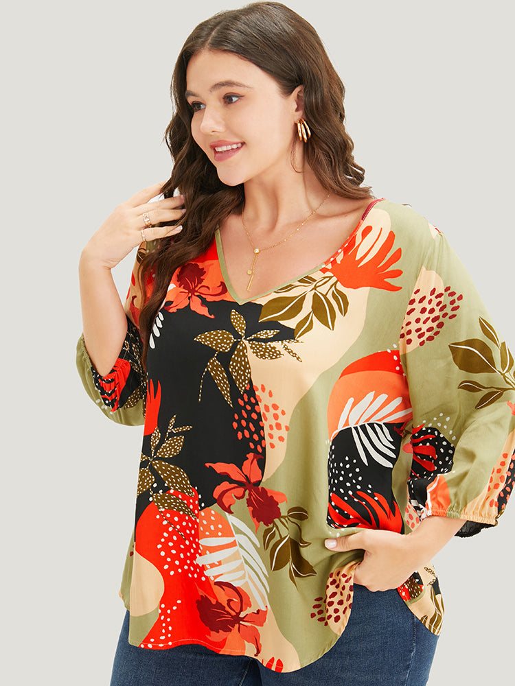 Plant Print Lantern Sleeve V Neck Blouse