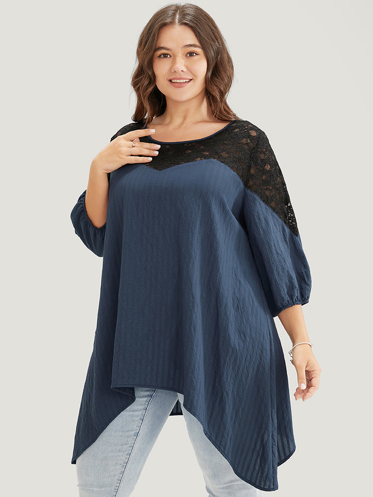 Plain Contrast Lace Asymmetrical Lantern Sleeve Blouse