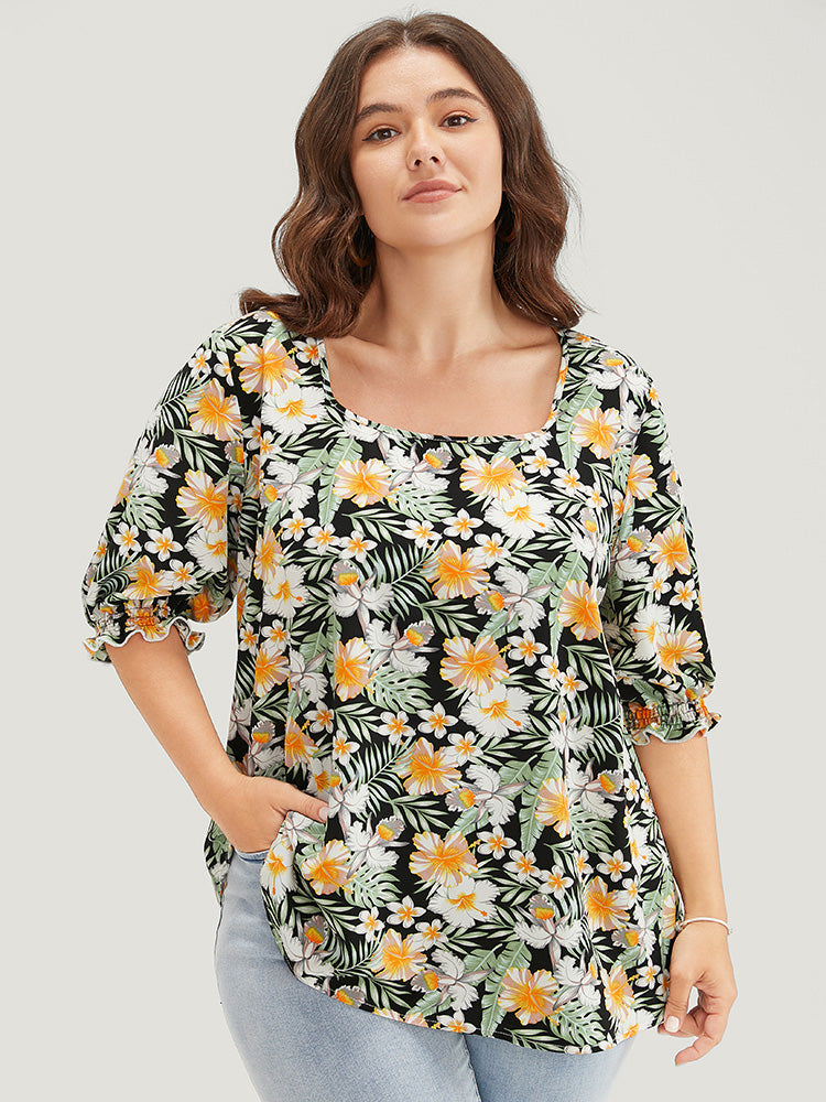 Tropical Print Puff Sleeve Ruffles Trim Square Neck Blouse