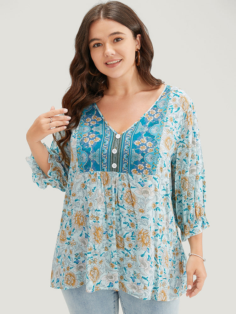 Bandana Print Ruffle Trim Button Detail  Blouse