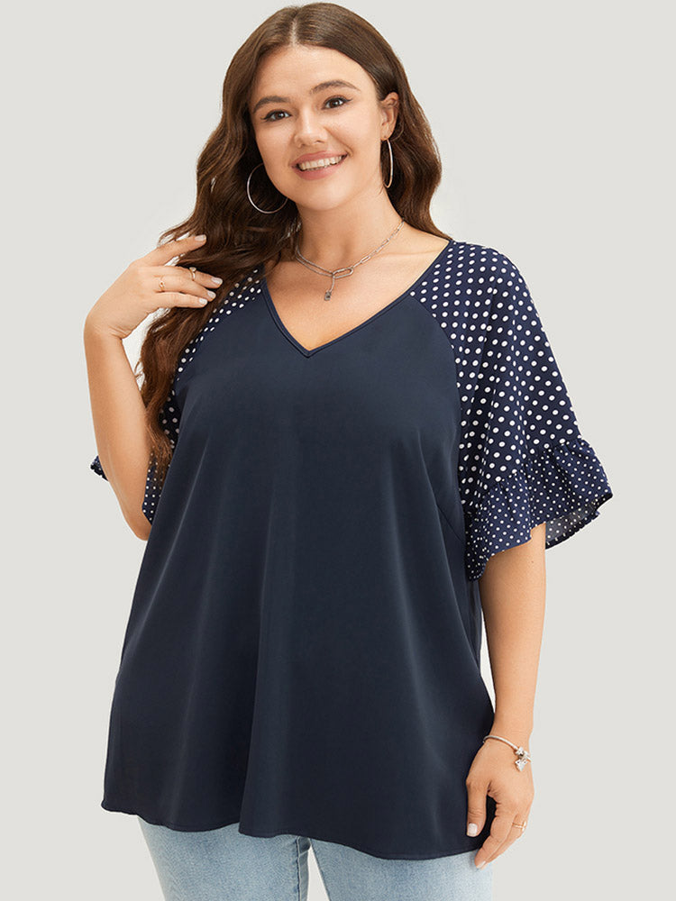 Polka Dot Raglan Sleeve Ruffle Trim Blouse