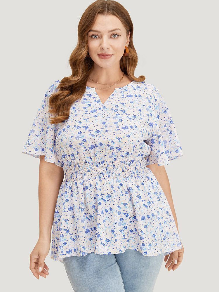 Ditsy Floral Notched Shirred Flutter Sleeve Blouse