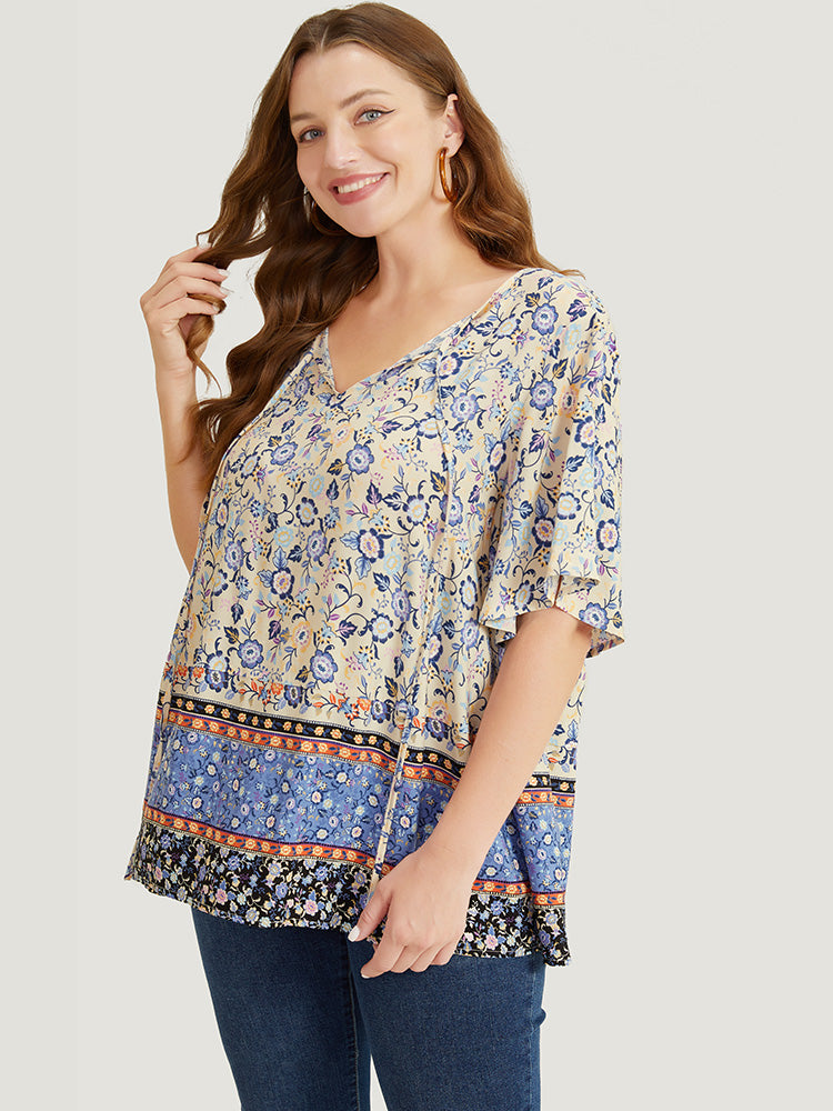 Bandana Printed Ties Front Ruffle Sleeve Blouse