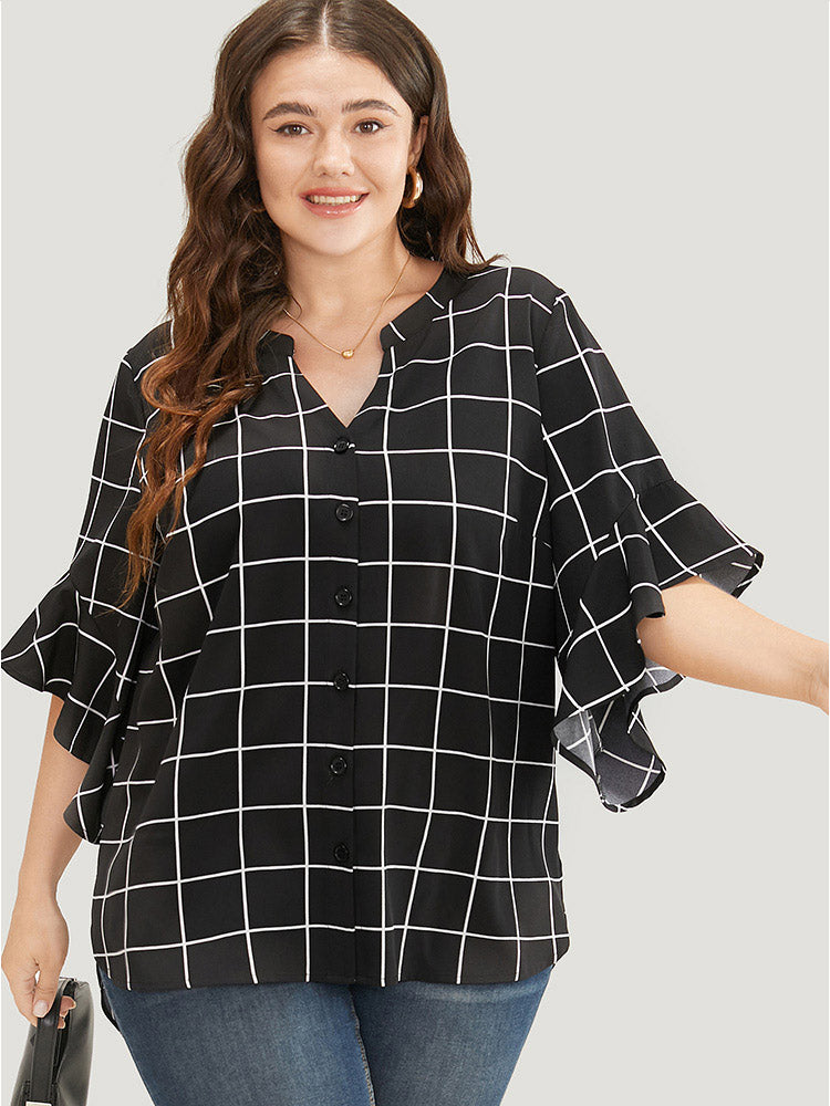 Plaid Notched Button Up Ruffle Sleeve Split Hem Blouse