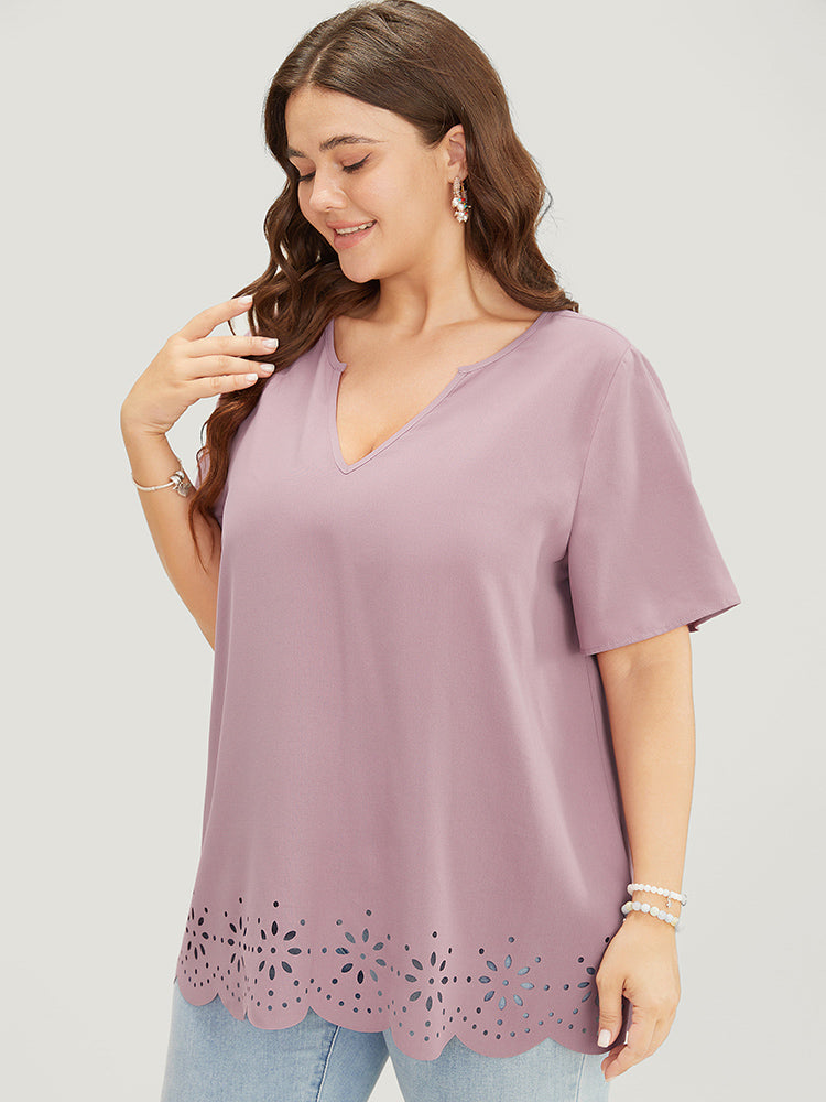 Plain Laser Cut Notched Scalloped Hem Blouse