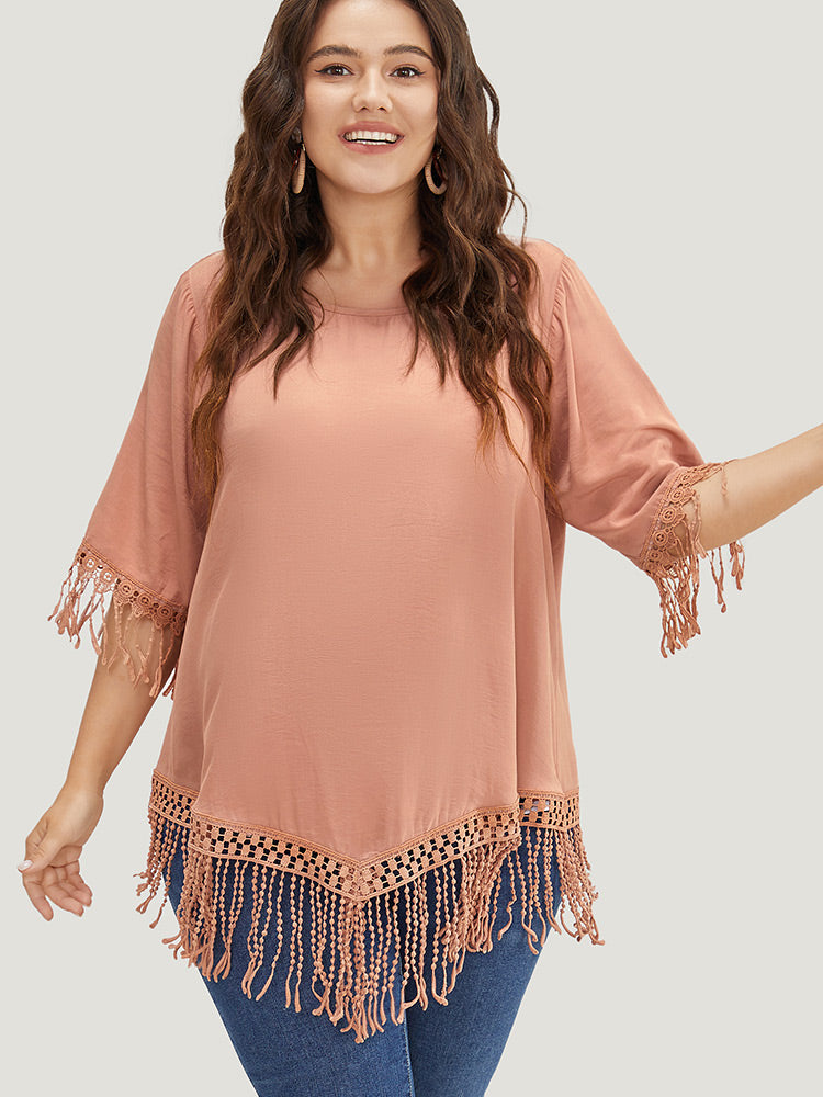 Plain Round Neck Asymmetrical Lace Fringe Hem Blouse