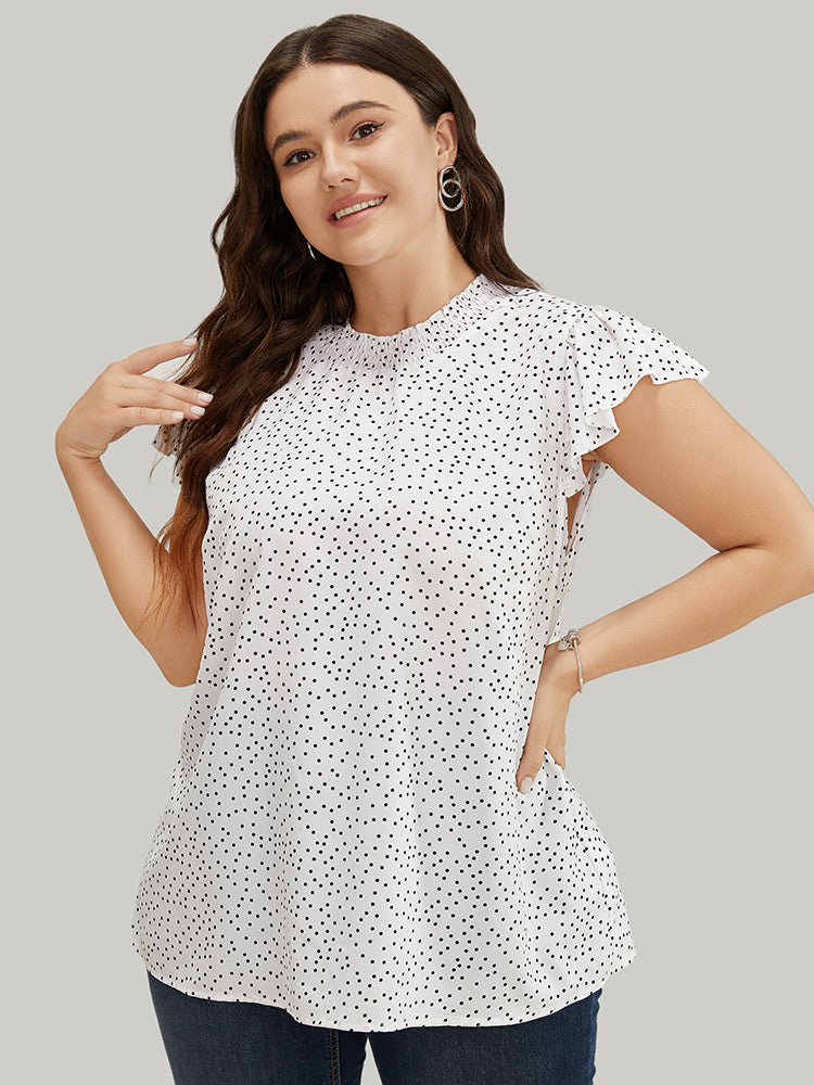 Polka Dot Shirred Mock Neck Cap Sleeve Blouse