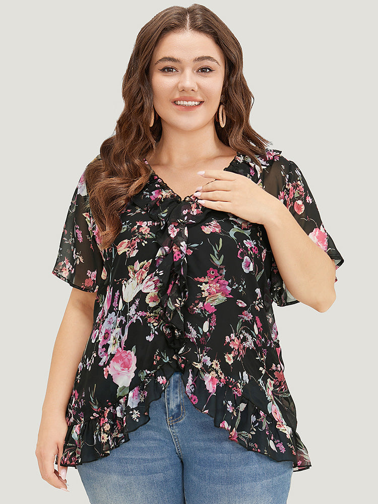 Floral Ruffle Trim V Neck Asymmetrical Hem Blouse