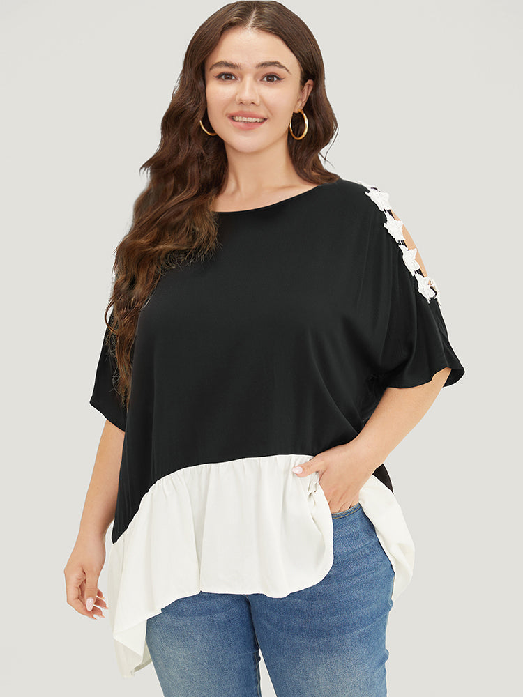 Floral Appliques Patchwork Asymmetrical Hem Cold Shoulder Blouse