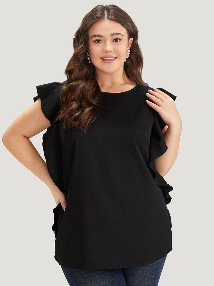 Solid Crew Neck Ruffle Trim Blouse