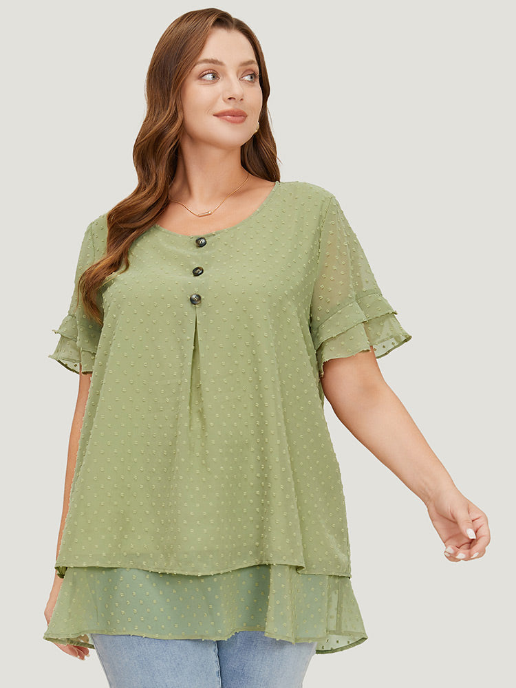 Polka Dot Button Detail Mesh Ruffle Layered Blouse