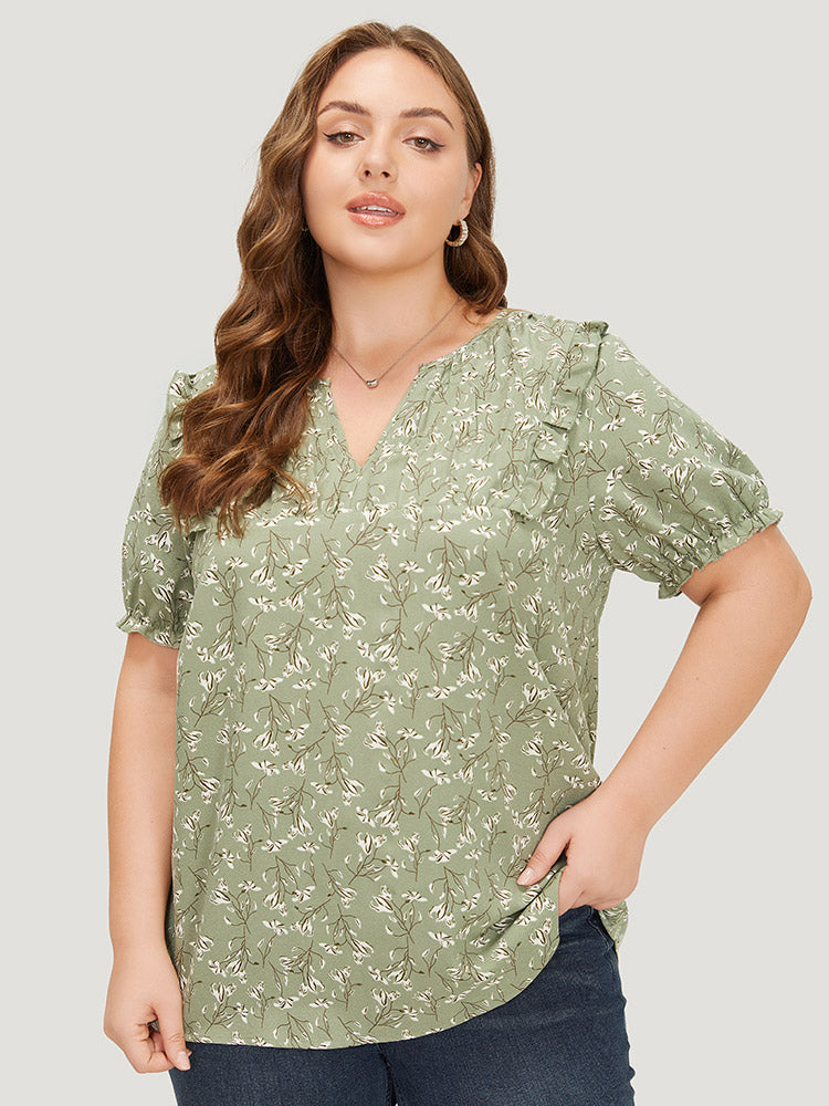 Ditsy Floral Puff Sleeve Ruffle Trim Blouse