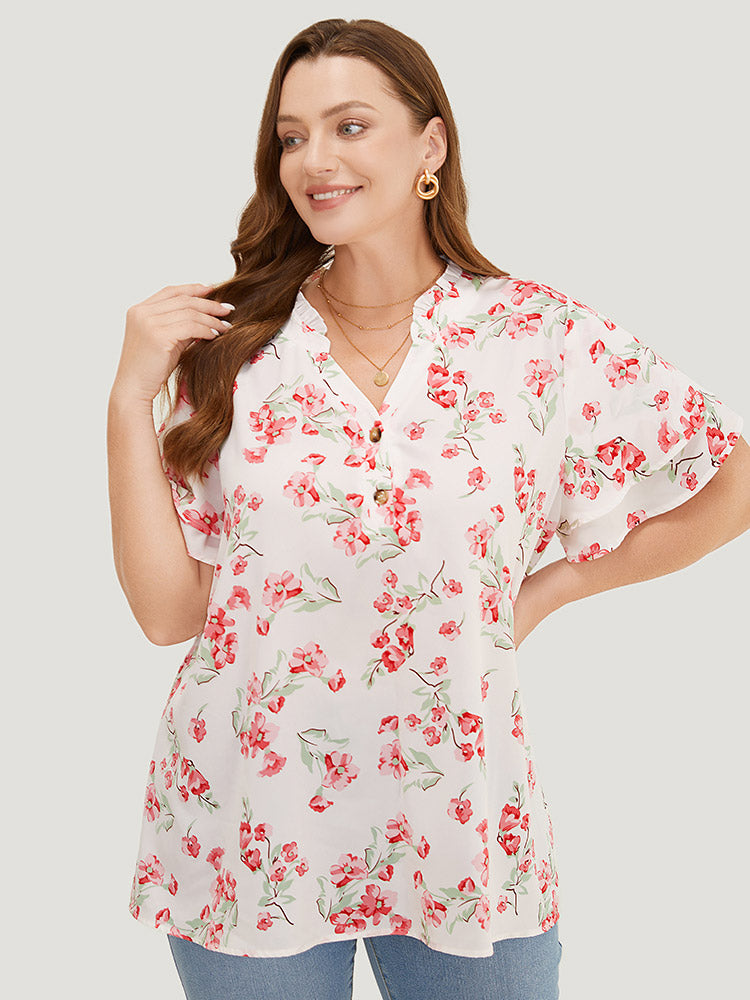 Floral Printed Button Up Flutter Layered Sleeve  Blouse