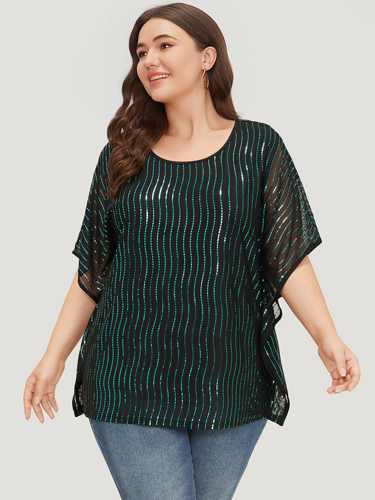 Glitter Striped Mesh Batwing Sleeve Blouse