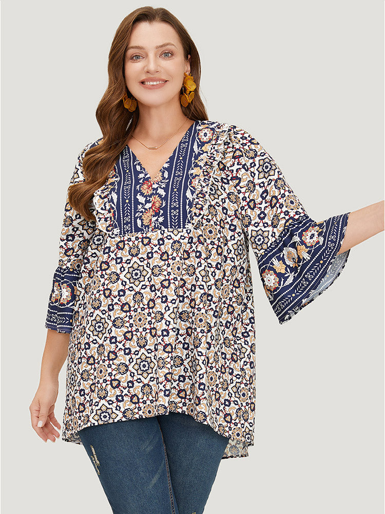 Bandana High Low Hem Bell Sleeve Blouse