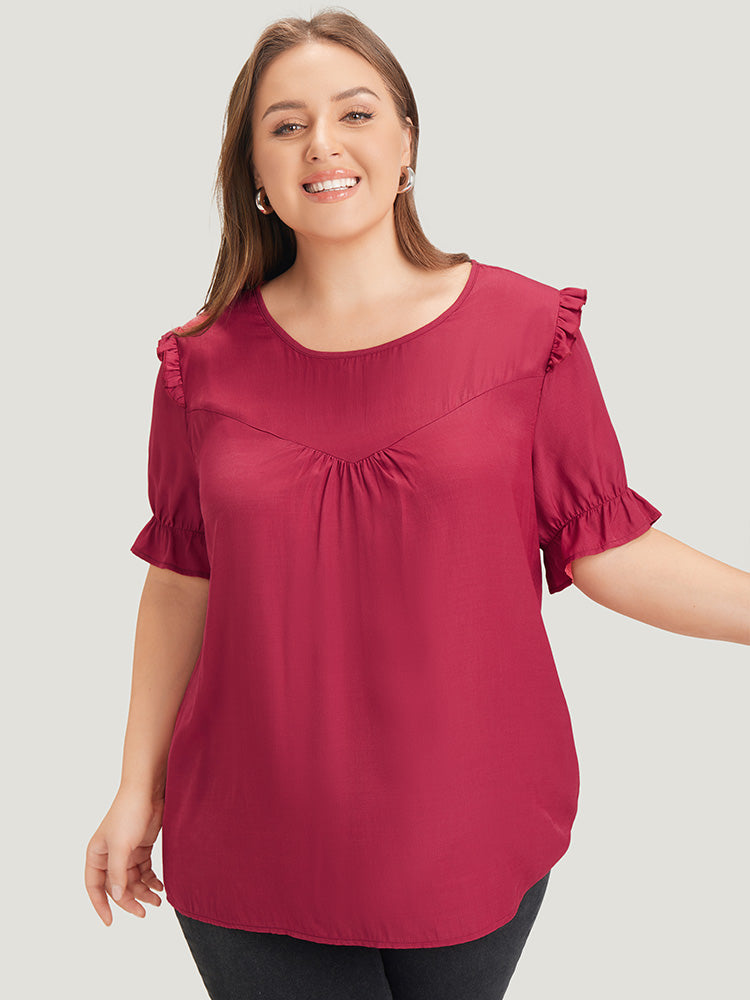 Plain Gathered Ruffle Trim Puff Sleeve Blouse