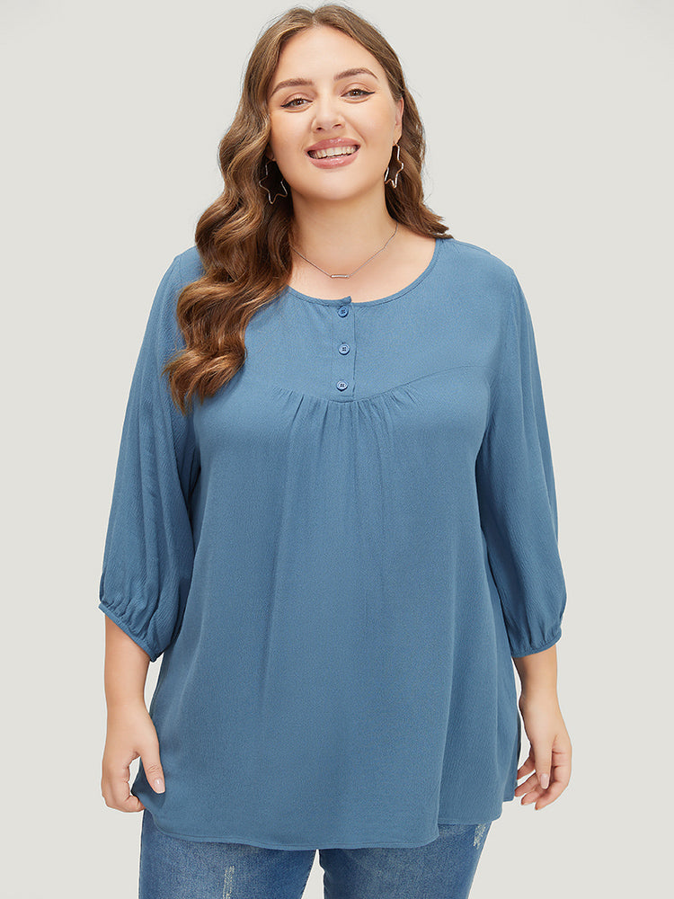 Plain Button Up Gathered Lantern Sleeve Blouse