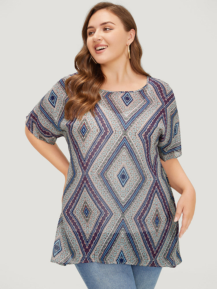 Moroccan Print Asymmetrica Hem Batwing Sleeve Blouse