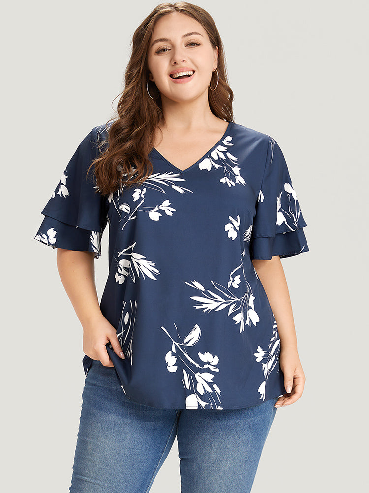 Plants Print V Neck Ruffle Sleeve Layered Blouse