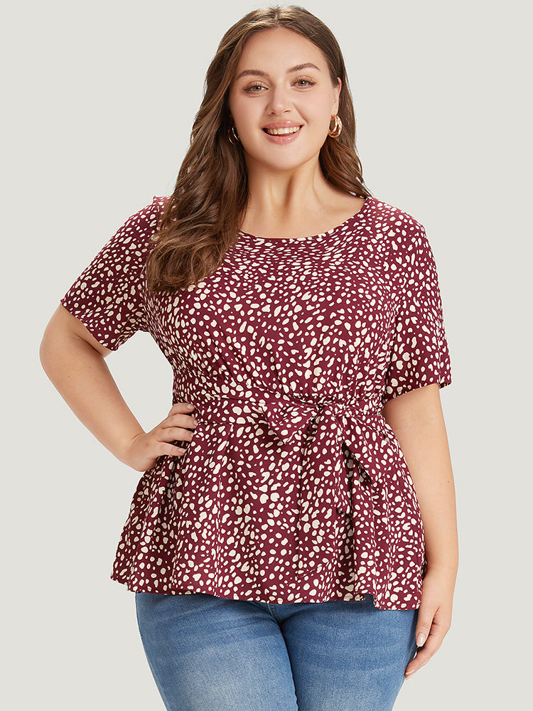 Leopard Knotted Flutter Hem Crew Neck Blouse