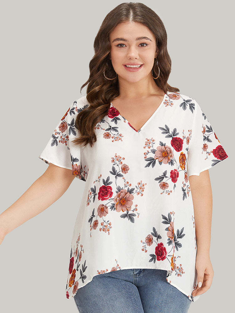 Floral Print High Low Hem Flutter Blouse