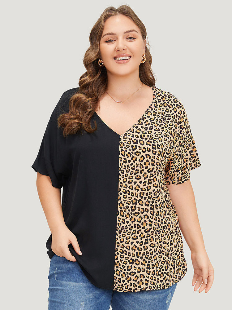 Leopard Patchwork Dolman Sleeve Blouse