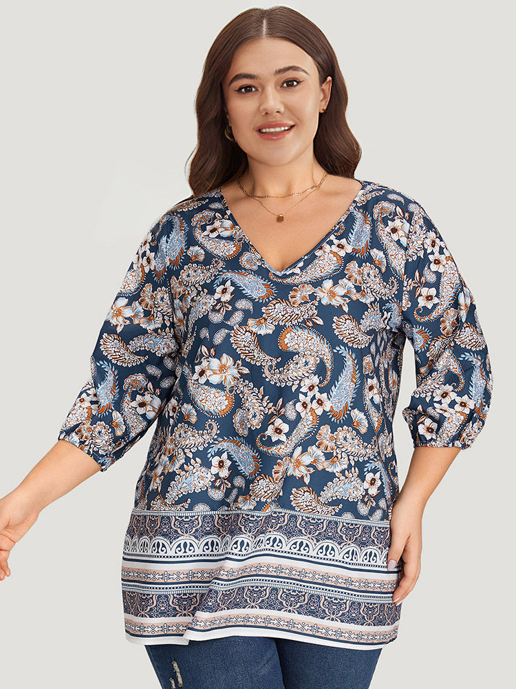 Paisley Print Patchwork V Neck Blouse