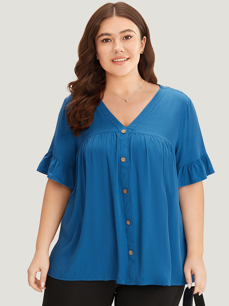 Solid Flutter Trim Pleated Button Detail Blouse