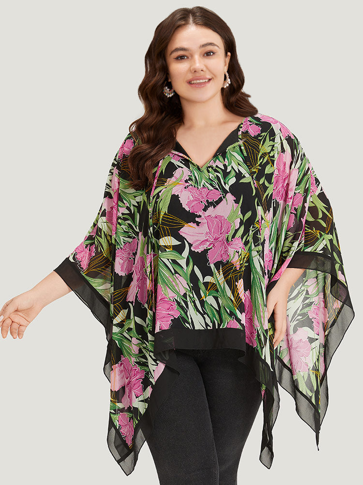 Floral Ties Batwing Sleeve Hanky Hem Layered Blouse