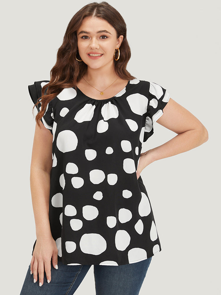 Polka Dot Flutter Cap Sleeve Tiered Blouse