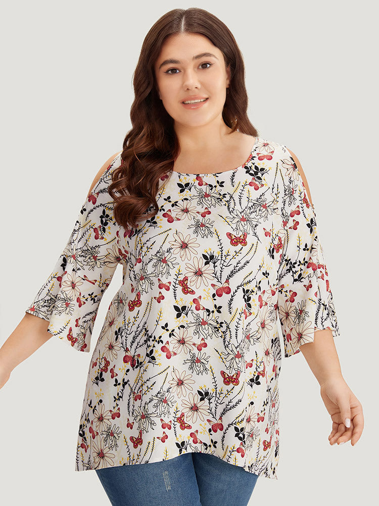 Butterfly & Floral Print Bell Sleeve Cut Out Blouse