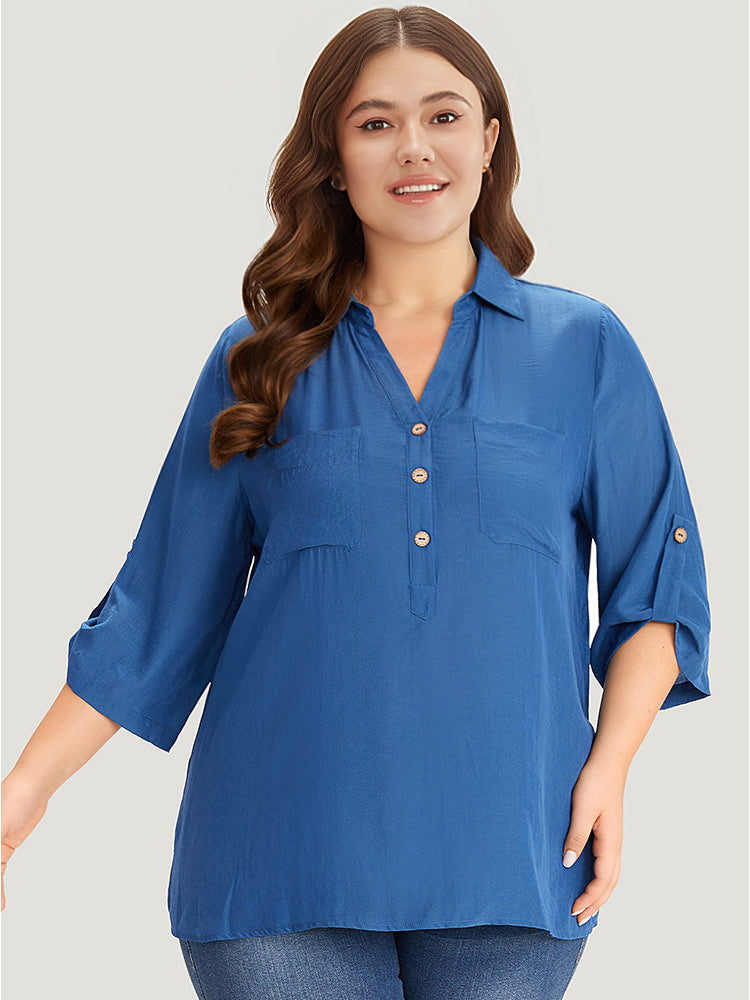 Supersoft Essentials Solid Button Up Pocket Shirt Collar Blouse