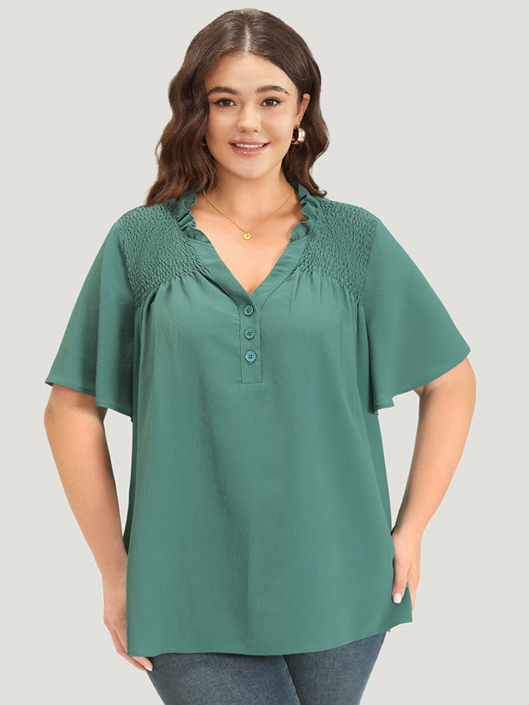 Plain Shirred Button Through Frill Trim Stand Collar Blouse