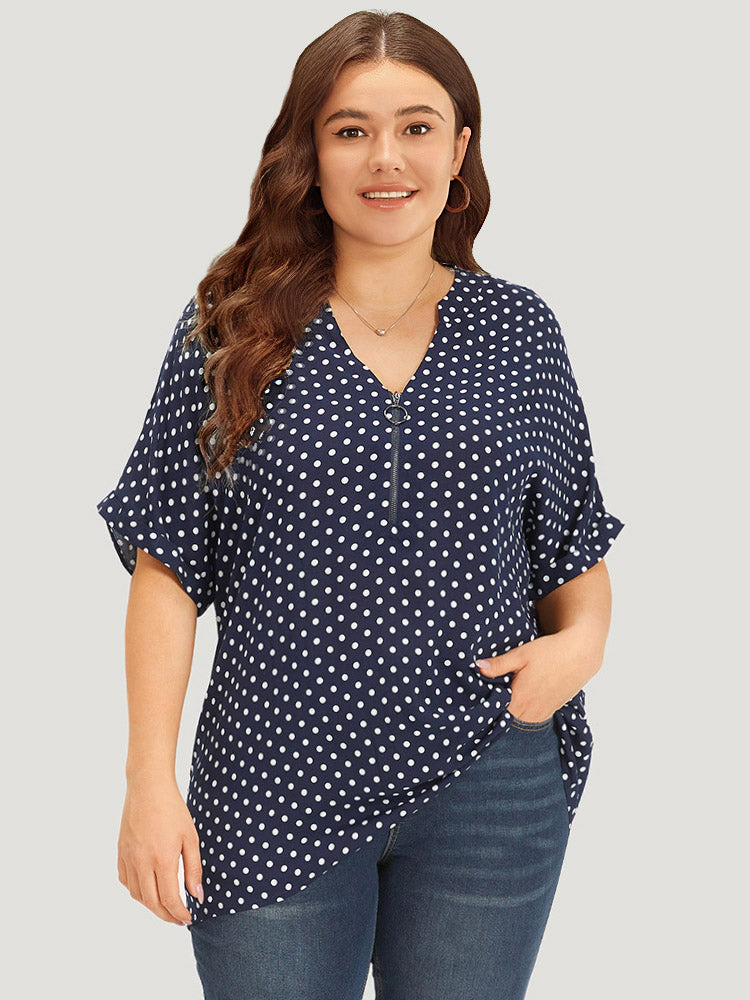 Polka Dot Zipper Notched Dolman Sleeve Blouse