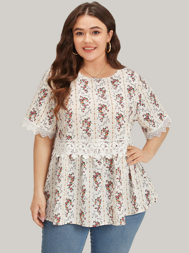 Ditsy Floral Lace Panel Elastic Waist Blouse