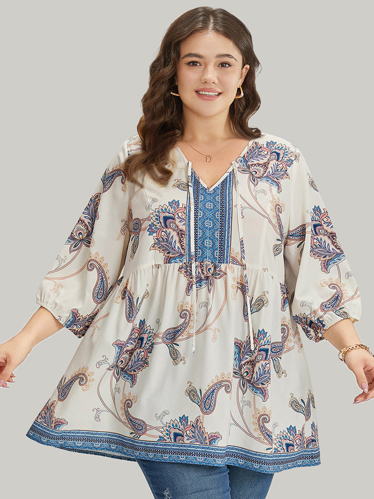 Bandana & Paisley Print Tie Neck Lantern Sleeve Blouse