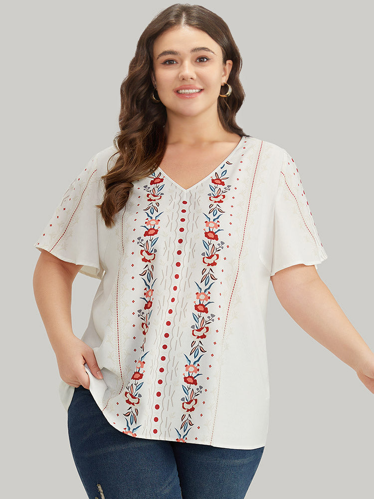 Bandana Print V Neck Flutter Sleeve Blouse