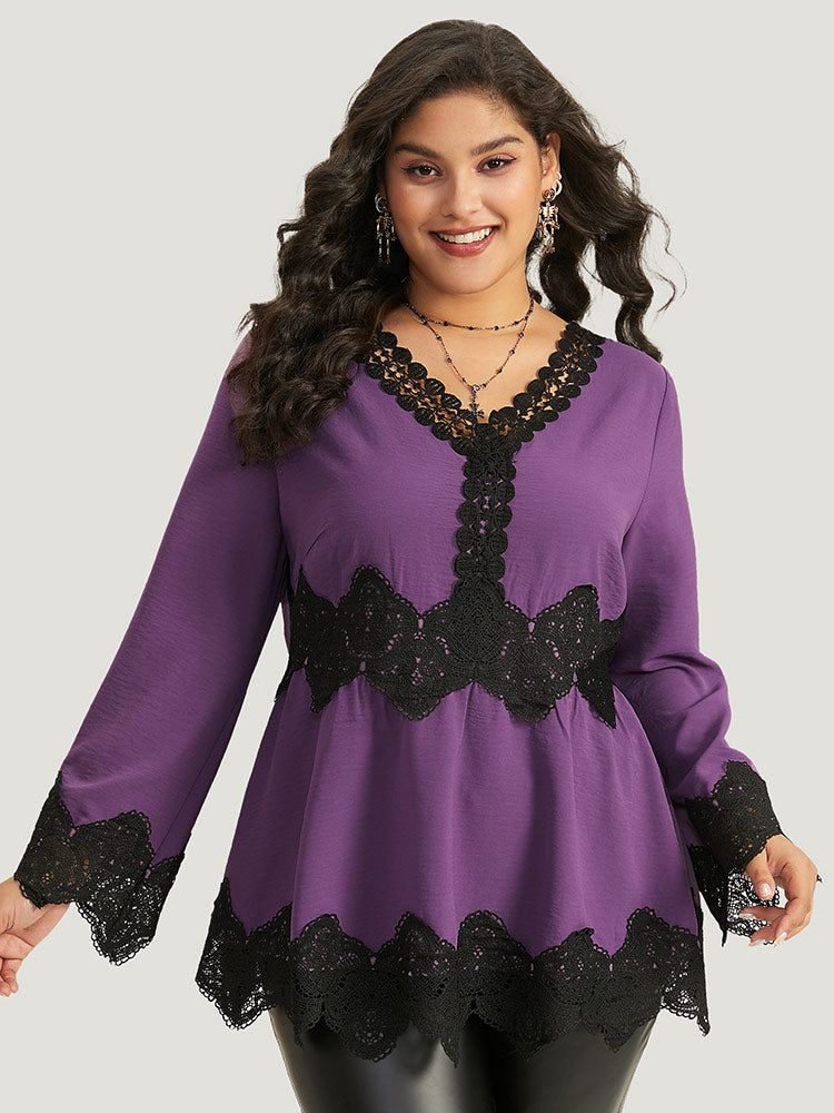 Halloween Plain Eyelet Lace Scalloped Trim Blouse