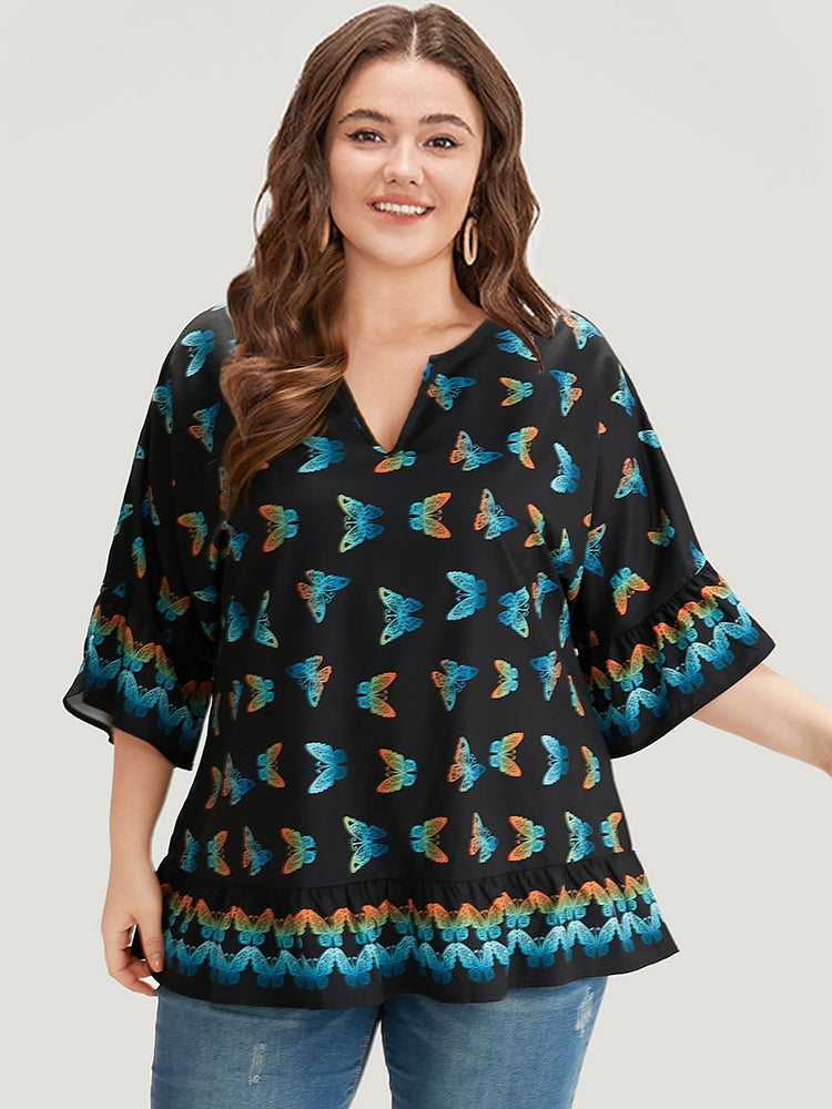 Butterfly Notched Bell Sleeve Gathered Blouse