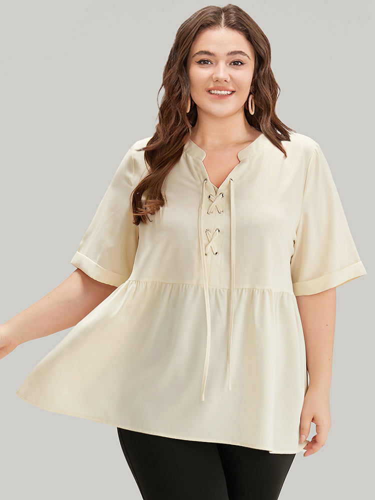 Anti-Wrinkle Lace Up Notched Gathered Blouse