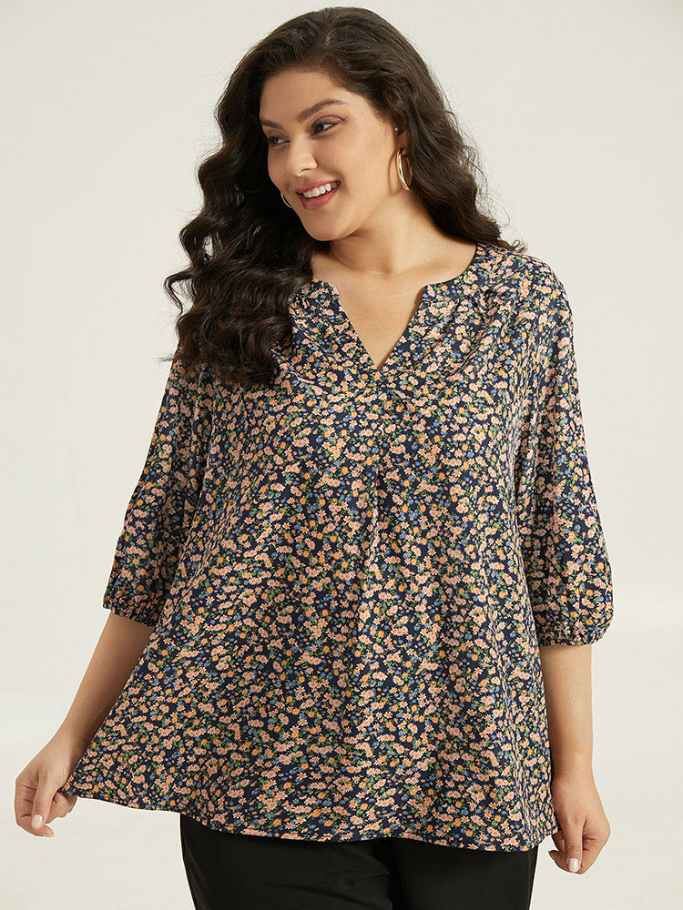 Ditsy Floral Notched Elastic Cuffs Blouse