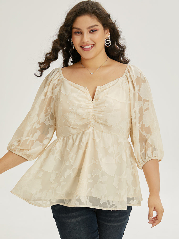 Plain Notched Ruched Lantern Sleeve Mesh Blouse