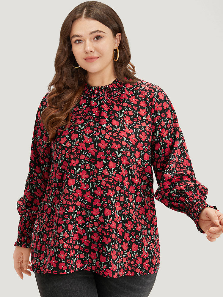 Floral Print Shirred Mock Neck Blouse