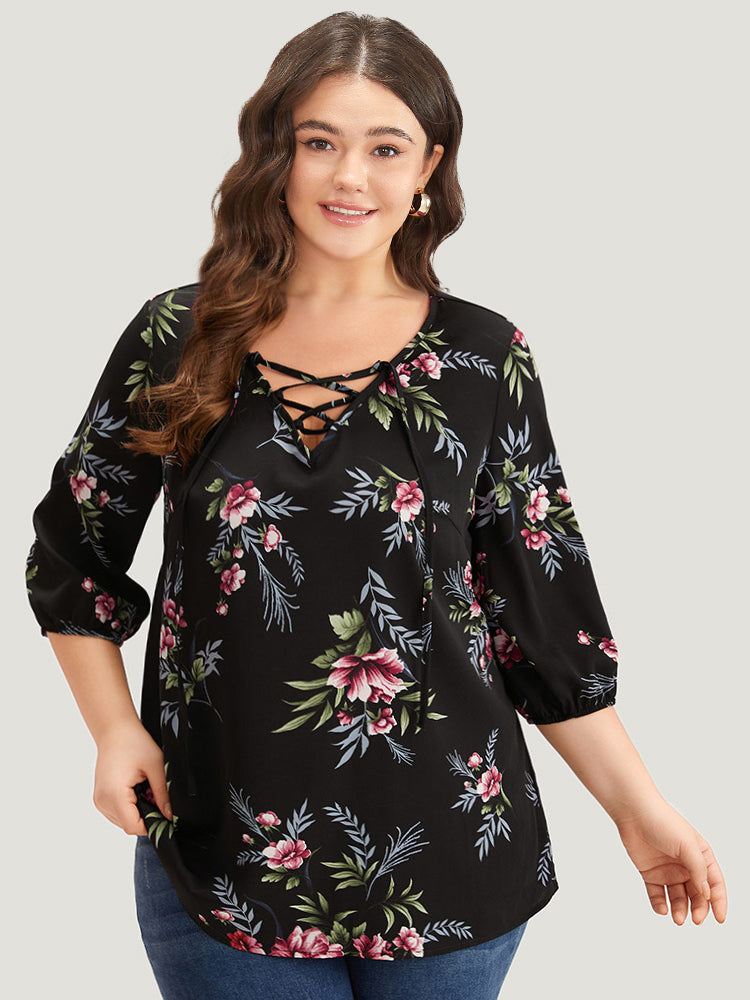 Floral Print Lace Up Lantern Sleeve Blouse