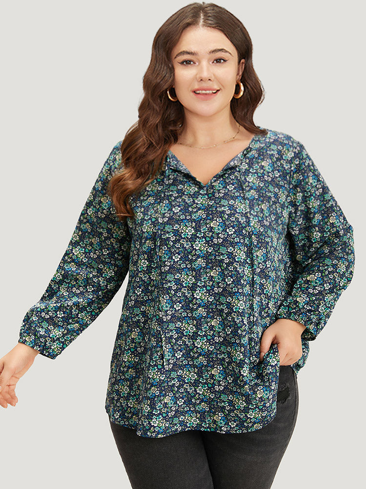 Ditsy Floral Knot Neck Elastic Cuffs Blouse