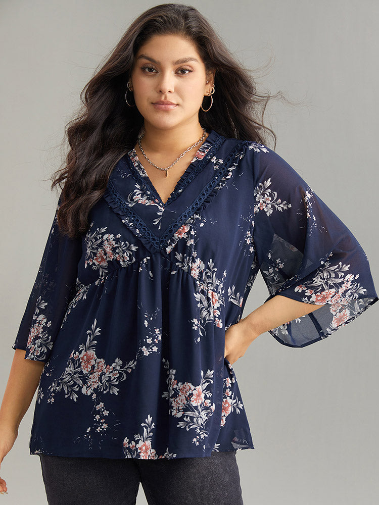 Chiffon Floral Print Frill Trim Ruffle Blouse