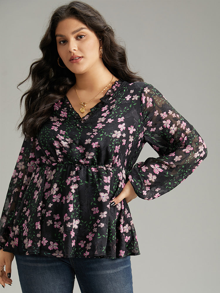 Floral Print Frill Trim Blouse