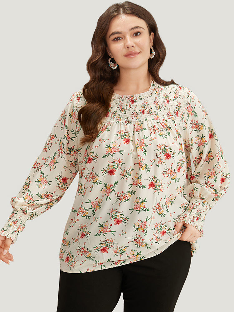 Floral Print Shirred Frill Trim Blouse