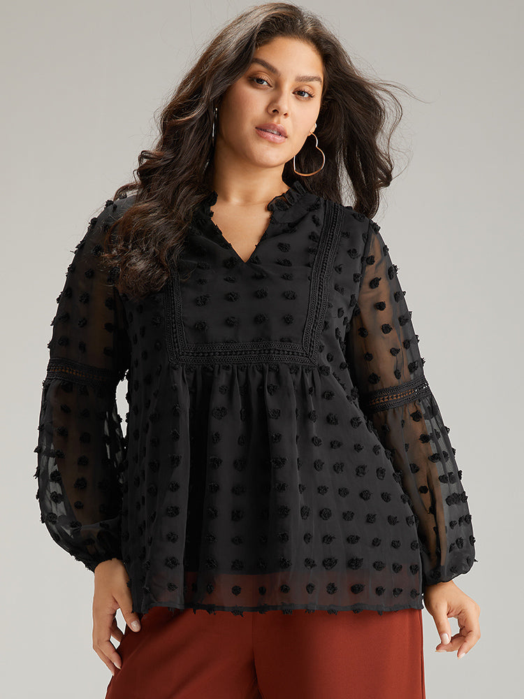 Polka Dot Frill Trim Mesh Blouse