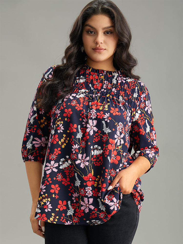 Floral Print Frill Trim Cut Out Blouse